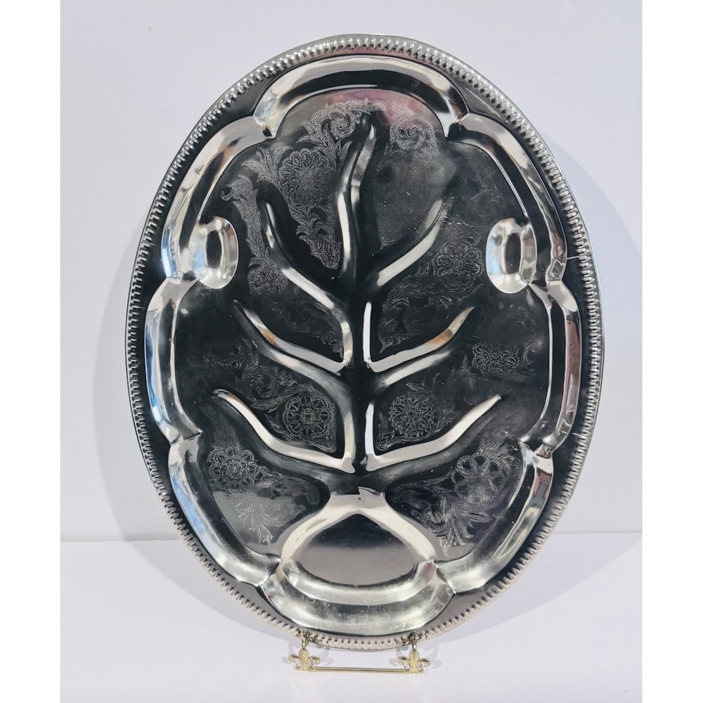 Silver Color Etched Tin Meat Serving Platter Made In Hong Kong No Tarnish 18X13